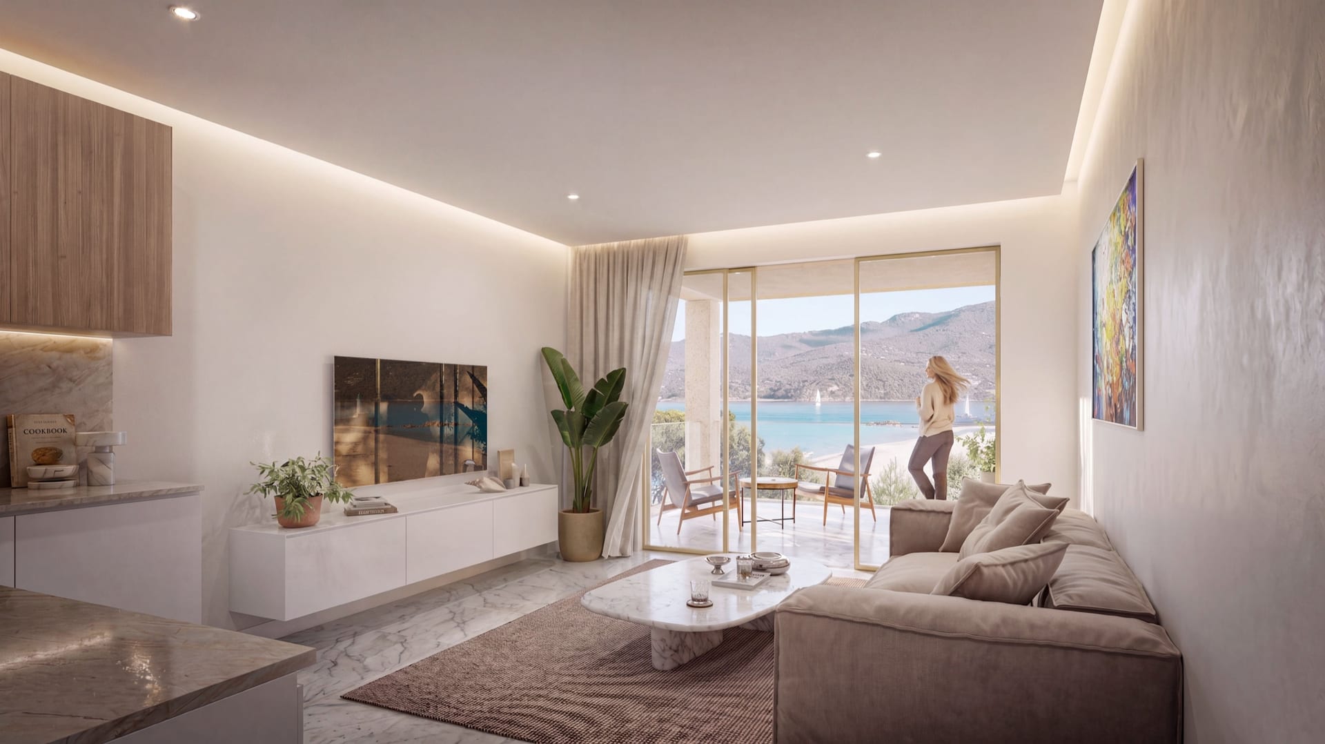Intérieur lumineux d'un appartement neuf T2/T3 à Alta Mare, Propriano