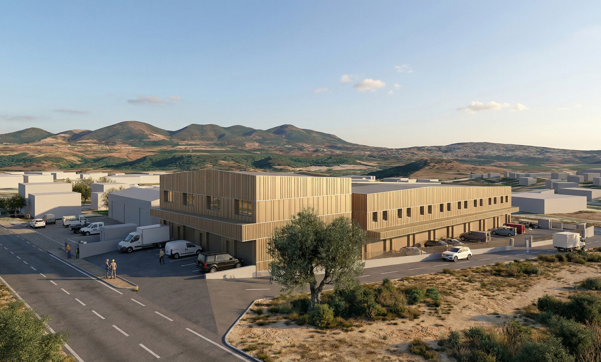 Vue d'ensemble des Hangars Baléone, bardage bronze, dans la zone d'activité de Baléone à Ajaccio